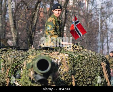 Norwegian Army armored tank with cannon and camouflage coating with ...