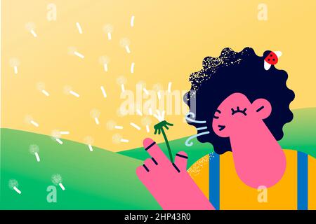 girl blow on dandelion vector illustration Stock Photo - Alamy