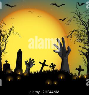 Halloween zombie hands in front of full moon Stock Vector
