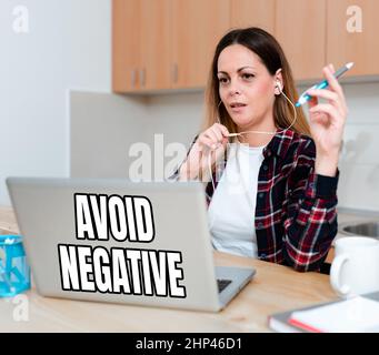Hand writing sign Avoid Negative, Internet Concept Staying away from pessimistic showing Suspicious Depression Abstract Online Conference Discussion, Stock Photo
