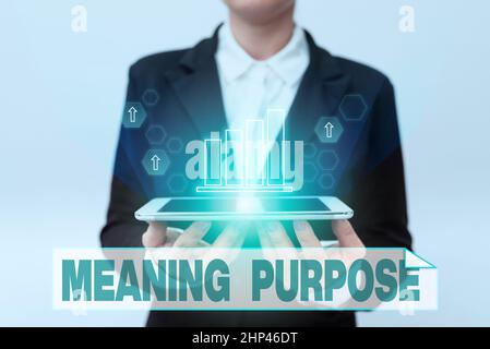 Hand writing sign Meaning Purpose, Internet Concept The reason for which something is done or created and exists Lady In Uniform Holding Phone And Sho Stock Photo
