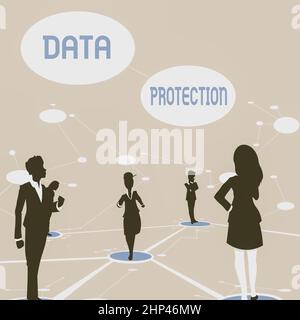 Inspiration showing sign Data Protection, Word for safeguarding information away from a possible data breach Several Team Members Standing Separate Th Stock Photo