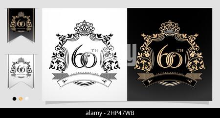 illustration of 60th anniversary symbol with royal crown design emblems, two variation gold and monochrome design isolated black and white backgrounds. applicable for greeting cards, invitation etc. Stock Vector