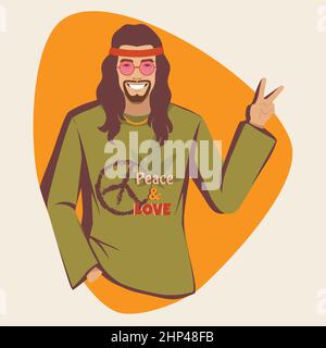 hippie shows the peace symbol, hippy subculture, vector illustration Stock Vector