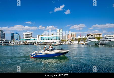 Skyline of Sarasota from Bayfront Park across water in Florida USA Stock Photo