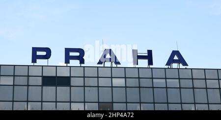 Prague, Czech Republic - July 28th, 2018: Label PRAHA ('Prague' in czech language) on Ruzyne, Vaclav Havel Airport, glass windows under. Stock Photo