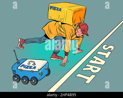 A food delivery courier competes with a robot. A man on the starting line with a mechanism. Pop Art Retro Vector Illustration 50s 60s Kitsch Vintage S Stock Photo