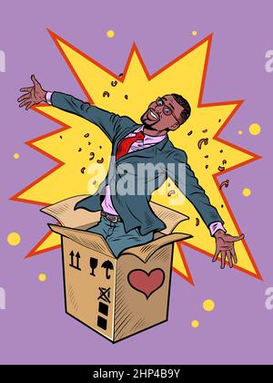 Groom african man businessman box valentine surprise greeting, love romance. Pop Art Retro Vector Illustration 50s 60s Vintage kitsch Style Stock Photo