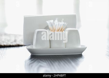 white porcelain containers for salt, pepper and toothpicks stand on a white porcelain plate, next to a napkin holder, on a light background Stock Photo