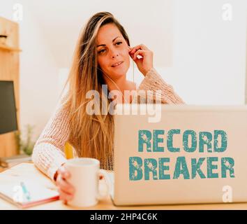 Hand writing sign Record Breaker, Business idea someone or something that beats previous best result Abstract Watching Online Movies, Viewing New Inte Stock Photo