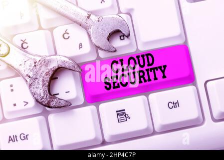 Text showing inspiration Cloud Security, Word for Protect the stored information safe Controlled technology Typing And Publishing Descriptions Online, Stock Photo