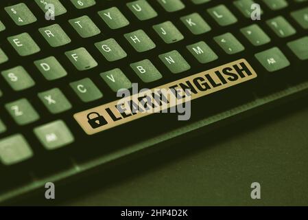 Conceptual caption Learn English, Business approach Universal Language Easy Communication and Understand Collecting Important Data Online, Developing Stock Photo