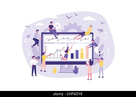 Business Concept Analysis, KPI. Monitor screen is a building site. Teamwork Clerks are make a project on the Internet. Collective performance of tasks Stock Vector