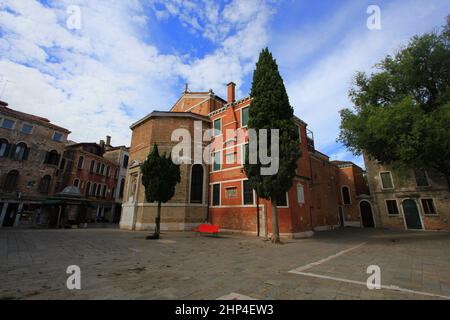 Campo San Polo square in historic area of Venice city . The Campo San Polo is the largest campo in Venice, the second largest Venetian public square . Stock Photo