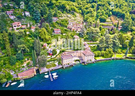 Town of Torno waterfront villas on Como lake aerial view, Lombardy region of Italy Stock Photo