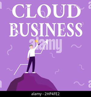 Conceptual display Cloud Business, Business concept internetbased delivery of services made available to users Businessman Drawing Standing On Big Roc Stock Photo