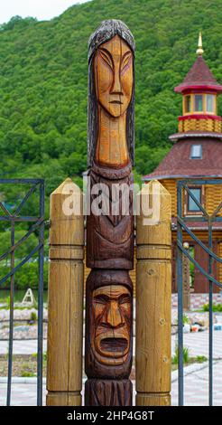 The wooden idol statue of koryak on Kamchatka peninsula Stock Photo