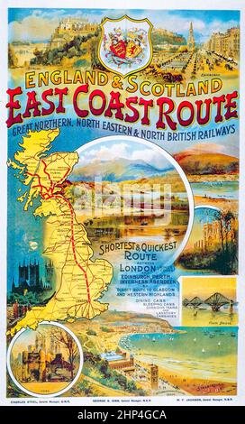 Great Northern, North Eastern and North British Railways East coast route, England and Scotland Vintage Railway travel poster. UK Stock Photo