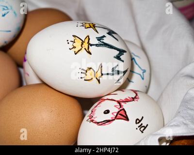 Boiled and hand decorated chicken eggs for eating at Easter Eve. Stock Photo