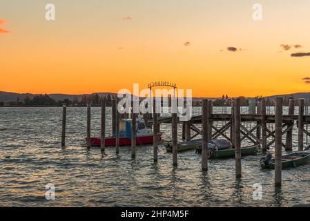 Jetty on Lake Constance at sunset, Allensbach, Baden-Wuerttemberg, Germany Stock Photo