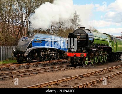 LNER Pacific 4-6-2 locomotives 60007 Sir Nigel Gresley and 60532 Blue Peter seen at Barrow Hill Stock Photo