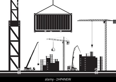 Crane lifting container on construction site – vector illustration Stock Vector