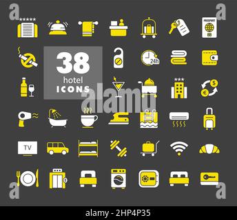 Hotel vector flat icon set on dark background Stock Vector