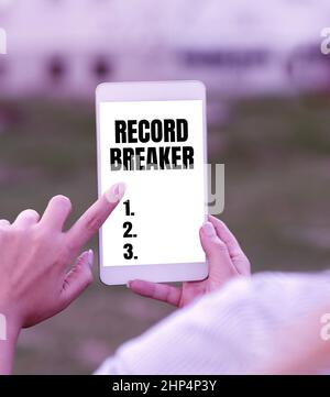 Hand writing sign Record Breaker, Business overview someone or something that beats previous best result Voice And Video Calling Capabilities Connecti Stock Photo