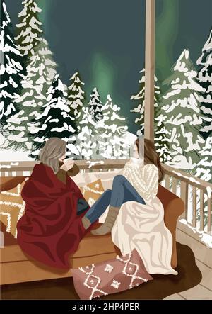 Girls in plaids with coffee on the background of the forest and the northern lights. Christmas vector illustration Stock Vector
