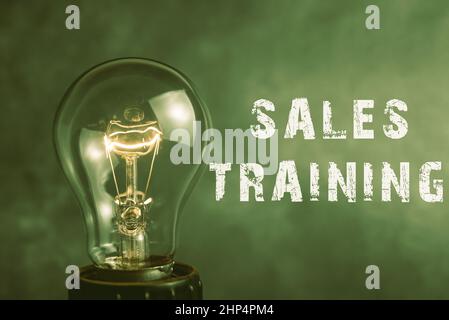 Conceptual caption Sales Training, Business idea Action Selling Market Overview Personal Development Realistic Colored Vintage Light Bulbs Idea Sign S Stock Photo
