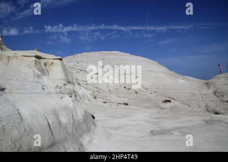 Milos, Greece. 18th Oct, 2020. View of Sarakiniko beach on the Greek island of Milos. The gray-white volcanic rock of the beach, popular with tourists, resembles a lunar landscape. Credit: Cindy Riechau/dpa/Alamy Live News Stock Photo