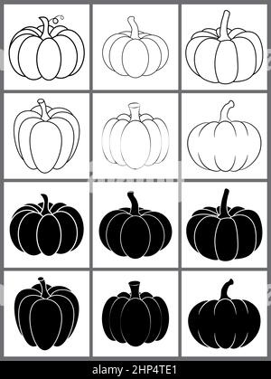 Pumpkin outline and silhouette icon set for autumn. Halloween contour and black shape vegetable design. Vector illustration isolated on white background. Stock Vector