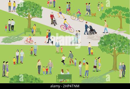 Families and other people have leisure time in the city park illustration Stock Vector