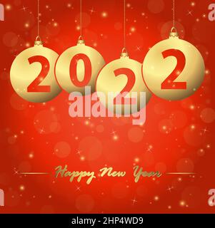 red background with golden christmas bubbles and text 2022 for the new year Stock Vector