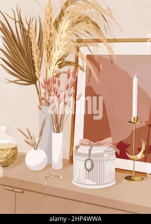 Table with accessories, decorative flowers and a painting. Fashionable vector illustration. Stock Vector