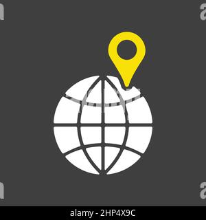 Globe with pin vector icon on dark background. Navigation sign Stock Vector