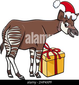 cartoon okapi animal character with gift on Christmas time Stock Vector