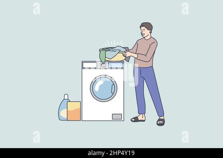 Man do laundry use washing machine at home Stock Vector
