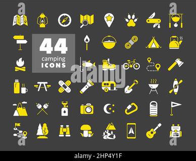 Camping, Hiking and Outdoor Activities icons set Stock Vector