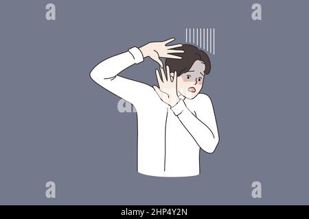 Anxious man fee frightened make stop hand gesture Stock Vector