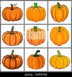 Pumpkin icon set for autumn. Halloween cartoon orange vegetable design. Vector illustration isolated on white background. Stock Vector