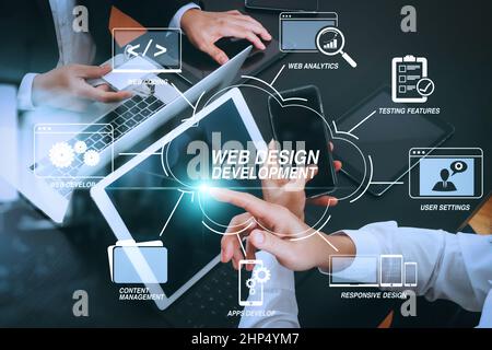 Developing programming and coding technologies with Website design in virtual diagram.co working team meeting concept,businessman using smart phone an Stock Photo