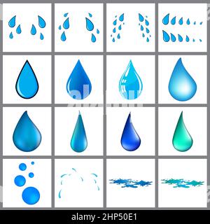 Blue water drop symbol set. Template of raindrop, sweat, tears and puddle.  Vector illustration isolated on white. Stock Vector