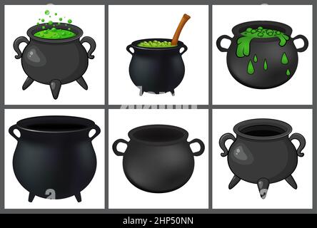 Cauldron with green magic potion and empty pot. Cartoon halloween icon set. Vector illustration isolated on white background. Stock Vector