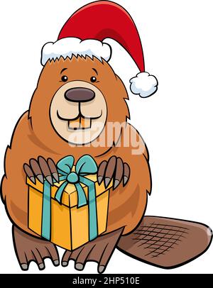 cartoon beaver animal character with gift on Christmas time Stock Vector