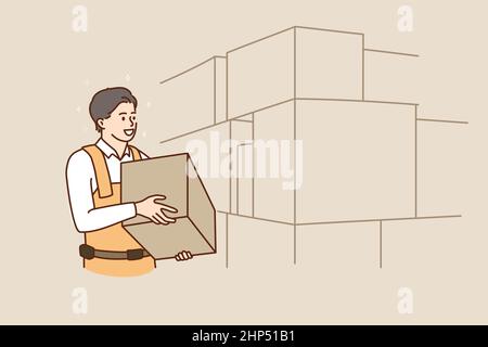 Man employee with package work on warehouse Stock Vector