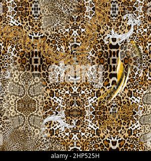 Golden and Silver Baroque on Animals Skin Ready for Textile Prints. Stock Photo