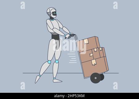 Robot assistant deliver packages to clients make order Stock Vector
