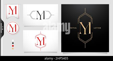 YM or MY initial letter and graphic name, YM or MY Monogram, for Wedding couple monogram, logo company and icon business, with black white color, gold color and gradient red color isolated background Stock Vector