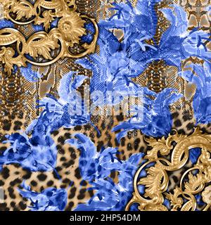Golden Baroque with Blue Flowers on Mixed Animals Skin Ready for Textile Prints. Stock Photo